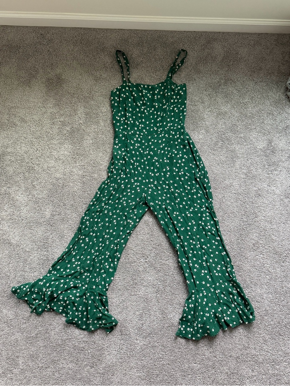 Faithfull the Brand Green Floral Ruffle-Hem Jumpsuit